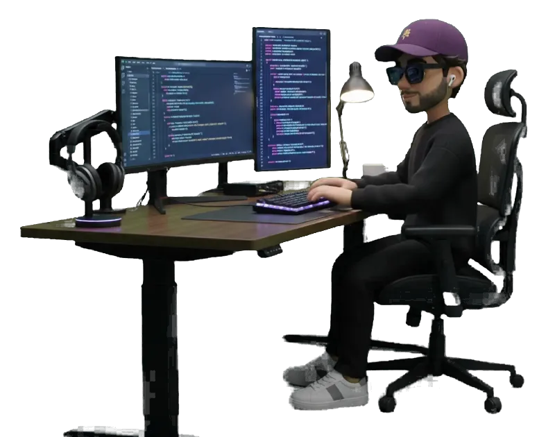 Emmanuel's character at his desk, coding across two monitors